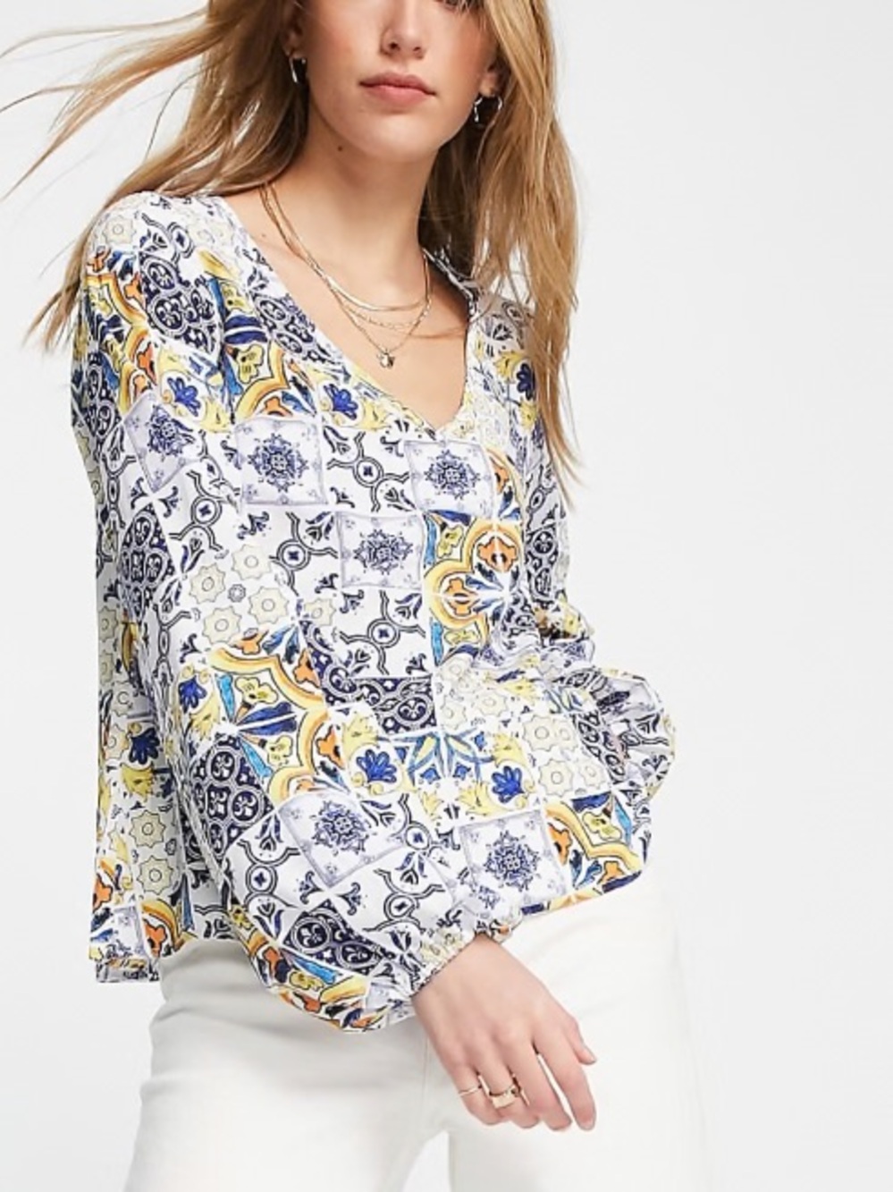 Never Fully Dressed ASOS Amalfi Multicolor Tile Print Blouse Top, Size 6